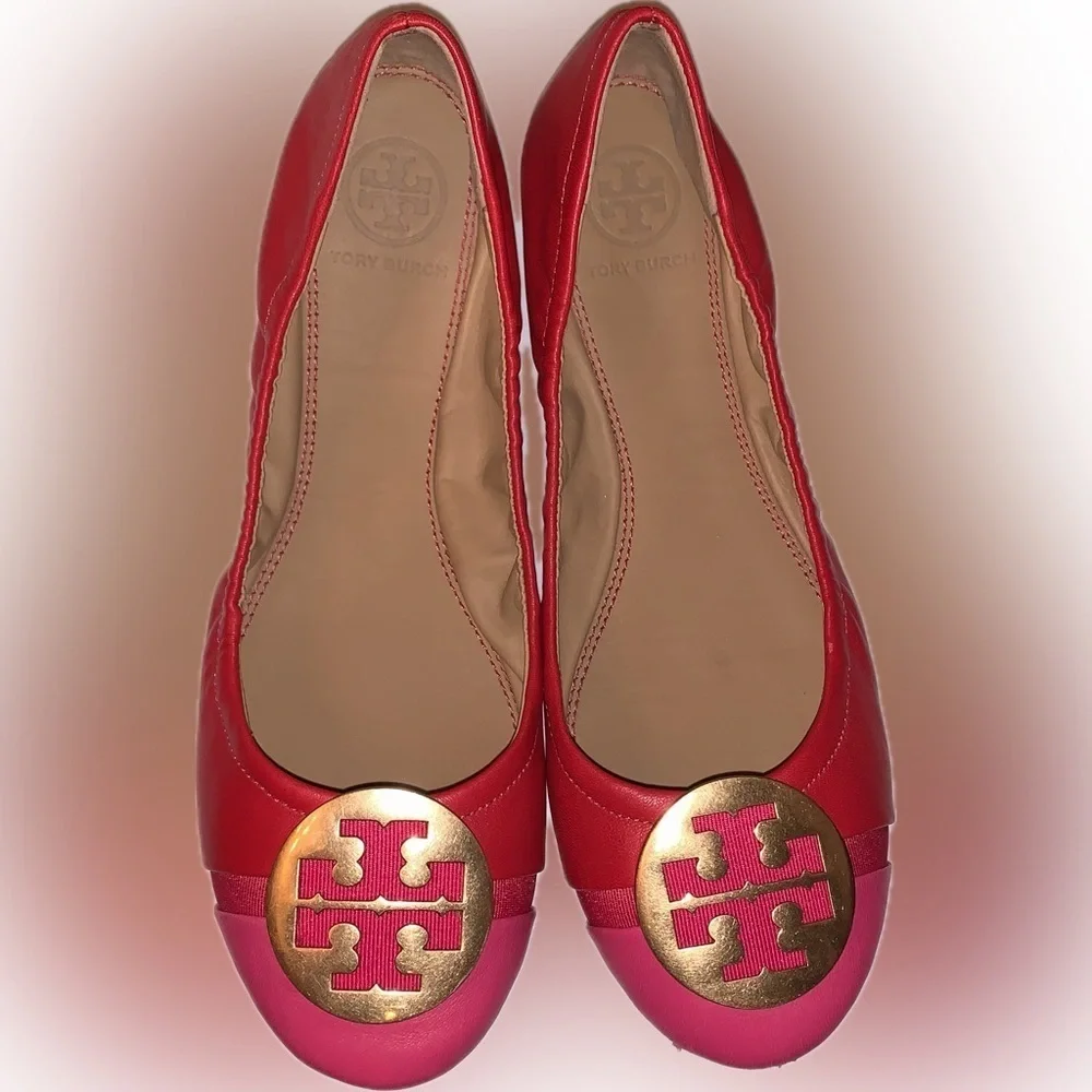 Tory Burch Minnie Toe Cap Red Azalea Pink Napa Leather Ballet Flats Gold Logo 6M